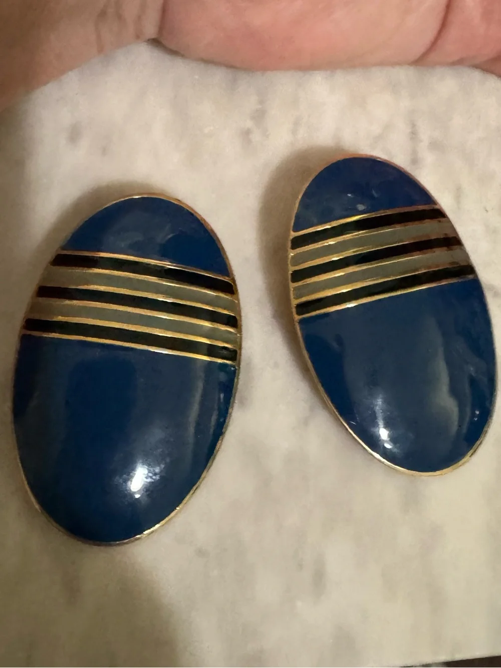 L Bott Vintage designer large oval earrings   in blue,green enamel & gold platin